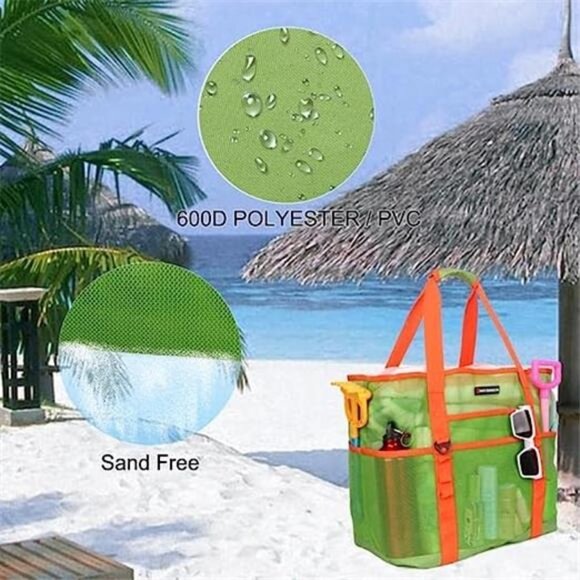 Mesh Beach Bag 40L Large with 9 Pockets Bag Green and Orange - Picture 6 of 6